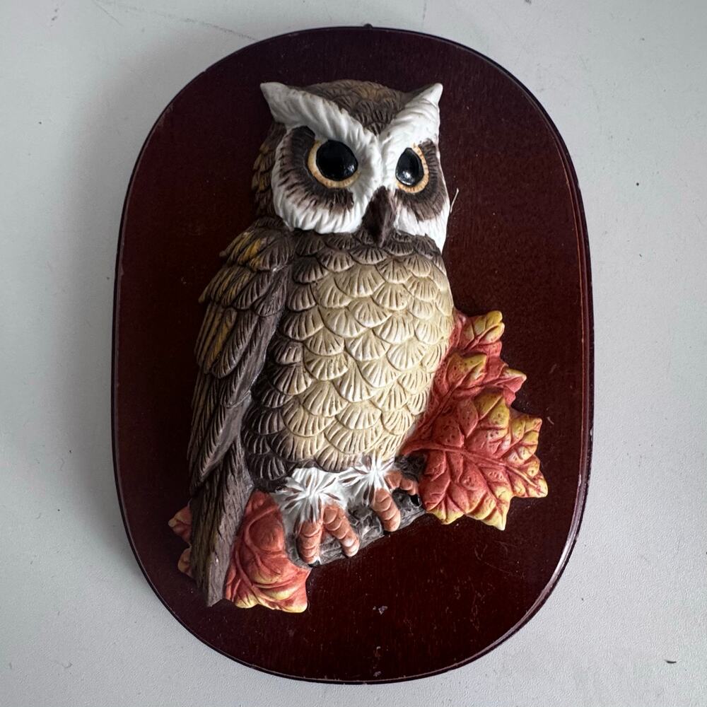 Vintage 1970s Owl Wall Plaques Wooden Hanging Decor Made Taiwan Boho Cottage A4